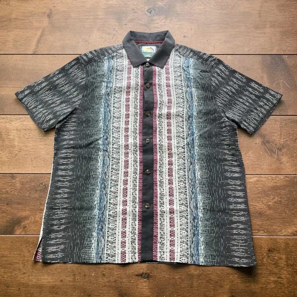 Tommy Bahama Mens (L) 100% Silk Hawaiian Shirt Island Modern Fit Grey Geometric